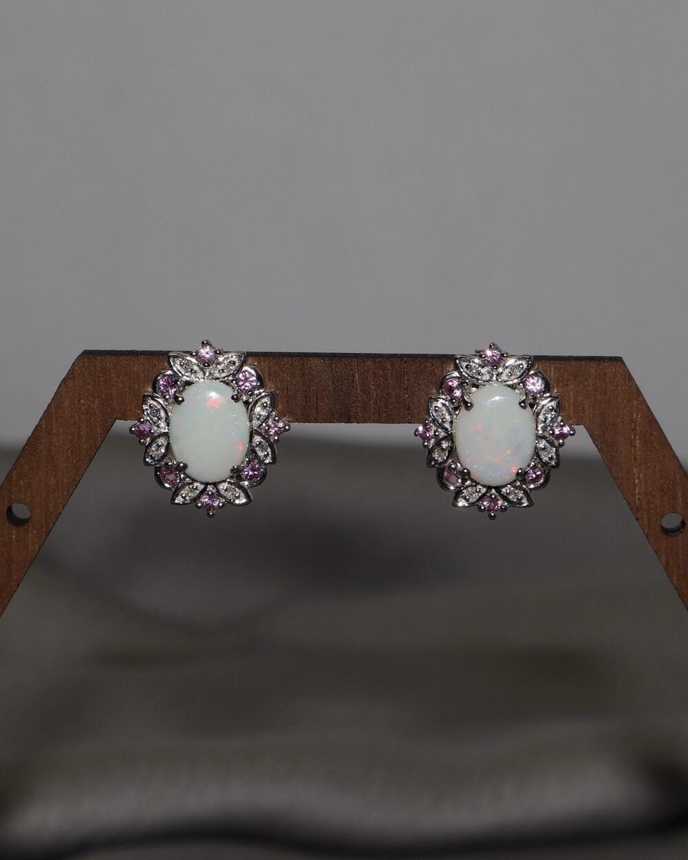 14k White Gold Opal, Diamond & Pink Sapphire Earrings 4.5G / 0.6in